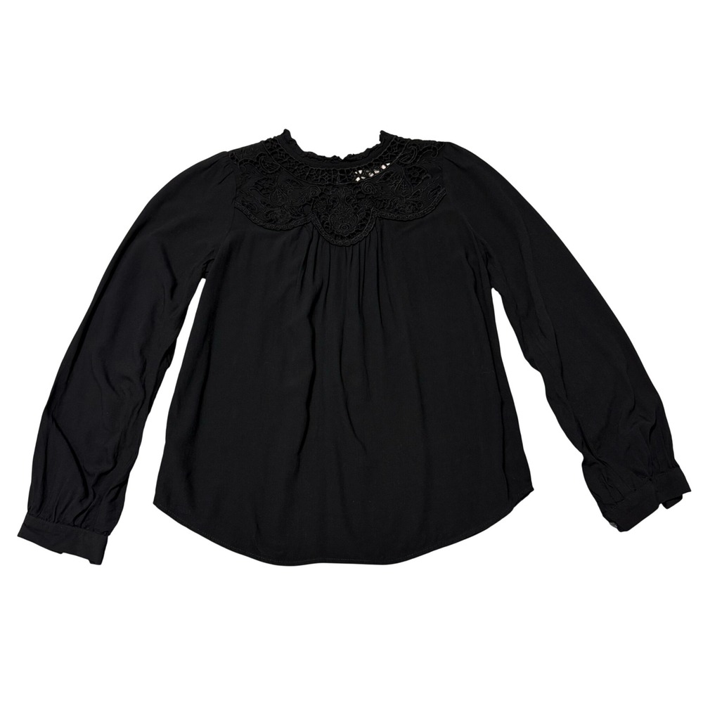 LOFT Petites Blouse Crochet Lace Yoke Long Sleeve Ruffle Neck Black XXSP Boho